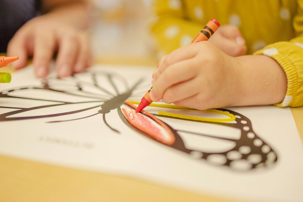 A child colouring a butterfly outline with crayons by a child care photographer Sydney